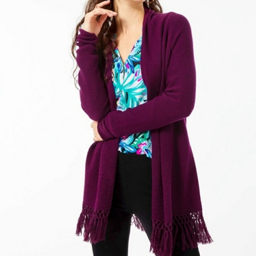 NWT Lilly Pulitzer Tatum Long Fringe Hem Cardigan XS Cabernet Berry